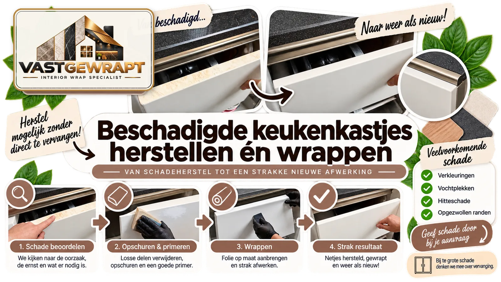 Beschadigde keukenkastjes herstellen en wrappen